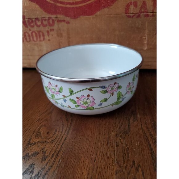 Vtg Kobe Kitchen 6.5" Pink Floral Enamel Bowl Mixing Nesting - Picture 3 of 6